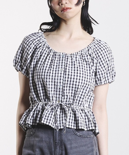 ROSE BUD(ローズバッド)の「GINGHAM PUFF SLEEVE TOP(シャツ/ブラウス・レディース・ブラック/オレンジ・ONE SIZE)」の2枚目の写真