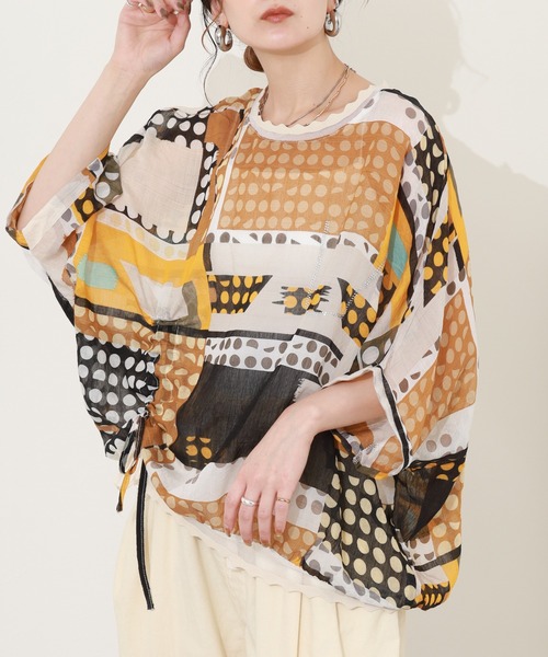 crossi（クロッシー）の「総柄サイドリボンドルマンブラウス 半端袖（シャツ/ブラウス・レディース・イエロー/グリーン・FREE）」の5枚目の写真