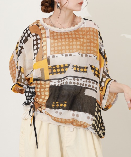 crossi（クロッシー）の「総柄サイドリボンドルマンブラウス 半端袖（シャツ/ブラウス・レディース・イエロー/グリーン・FREE）」の6枚目の写真