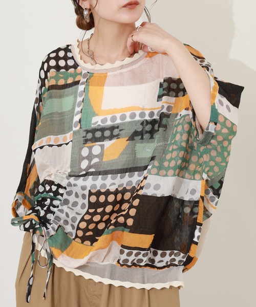 crossi（クロッシー）の「総柄サイドリボンドルマンブラウス 半端袖（シャツ/ブラウス・レディース・イエロー/グリーン・FREE）」の14枚目の写真