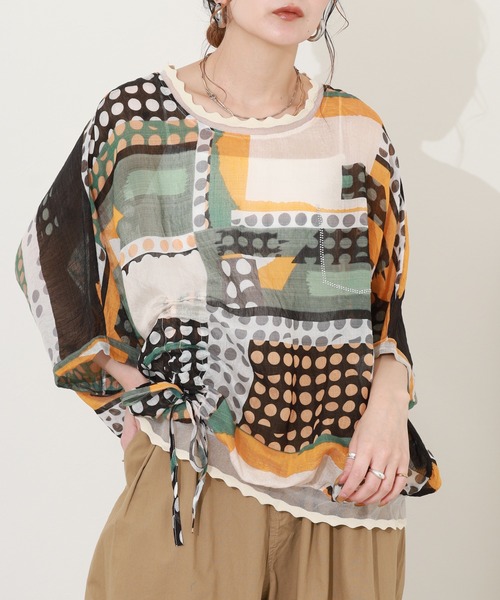 crossi（クロッシー）の「総柄サイドリボンドルマンブラウス 半端袖（シャツ/ブラウス・レディース・イエロー/グリーン・FREE）」の15枚目の写真