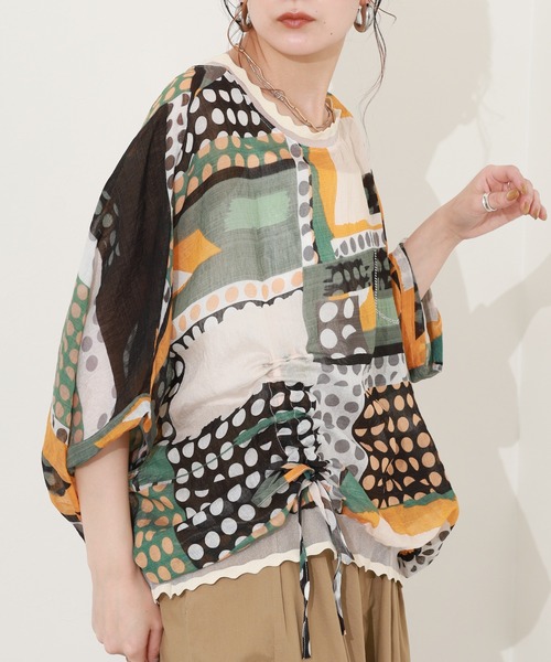 crossi（クロッシー）の「総柄サイドリボンドルマンブラウス 半端袖（シャツ/ブラウス・レディース・イエロー/グリーン・FREE）」の10枚目の写真