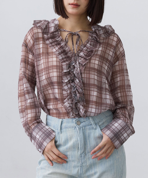 Mirette(ミレット)の「シアーチェックフリルブラウス / Sheer Check Frill Blouse(シャツ/ブラウス・レディース・ブラック/ブラウン・FREE)」の1枚目の写真