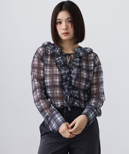 Mirette(ミレット)の「シアーチェックフリルブラウス / Sheer Check Frill Blouse(シャツ/ブラウス・レディース・ブラック/ブラウン・FREE)」の3枚目の写真
