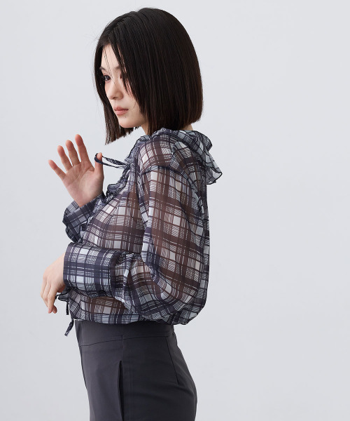Mirette(ミレット)の「シアーチェックフリルブラウス / Sheer Check Frill Blouse(シャツ/ブラウス・レディース・ブラック/ブラウン・FREE)」の4枚目の写真
