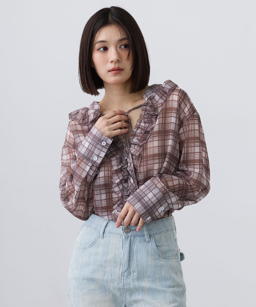 Mirette(ミレット)の「シアーチェックフリルブラウス / Sheer Check Frill Blouse(シャツ/ブラウス・レディース・ブラック/ブラウン・FREE)」の7枚目の写真