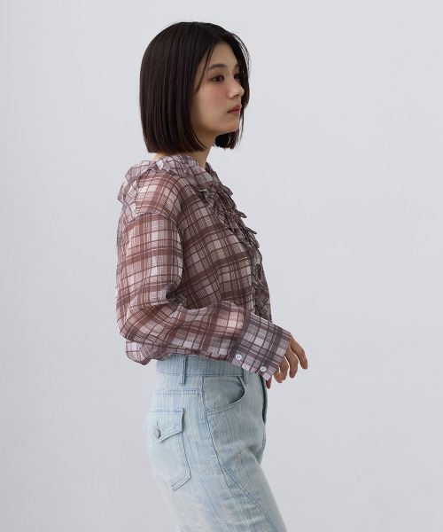 Mirette(ミレット)の「シアーチェックフリルブラウス / Sheer Check Frill Blouse(シャツ/ブラウス・レディース・ブラック/ブラウン・FREE)」の8枚目の写真