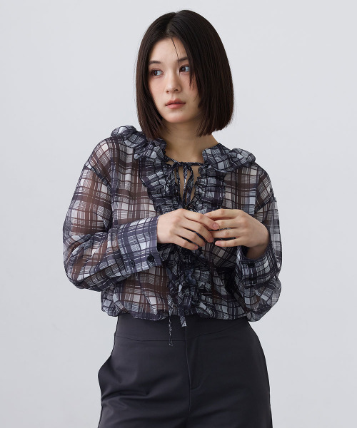 Mirette(ミレット)の「シアーチェックフリルブラウス / Sheer Check Frill Blouse(シャツ/ブラウス・レディース・ブラック/ブラウン・FREE)」の11枚目の写真