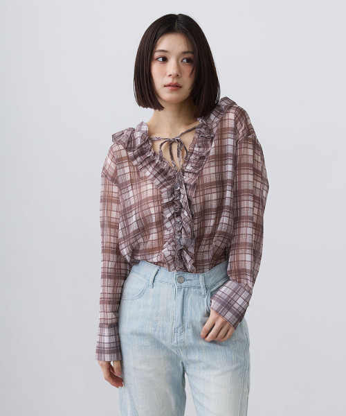 Mirette(ミレット)の「シアーチェックフリルブラウス / Sheer Check Frill Blouse(シャツ/ブラウス・レディース・ブラック/ブラウン・FREE)」の21枚目の写真