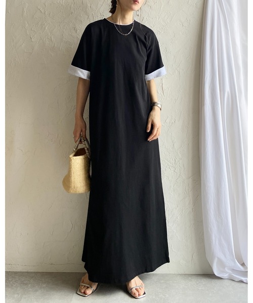 She's Closet(シーズクローゼット)の「半袖 バイカラー配色 袖ロールアップ ロング丈Tシャツワンピース(ワンピース・レディース・ブラック/ベージュ/オートミール・FREE)」の14枚目の写真