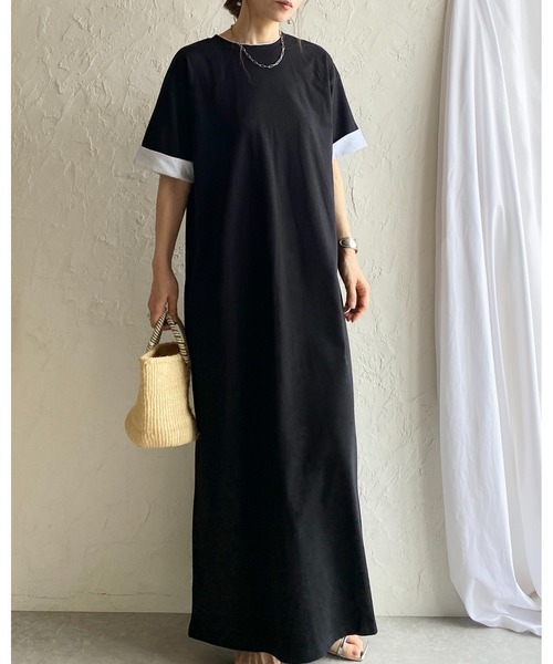 She's Closet(シーズクローゼット)の「半袖 バイカラー配色 袖ロールアップ ロング丈Tシャツワンピース(ワンピース・レディース・ブラック/ベージュ/オートミール・FREE)」の13枚目の写真