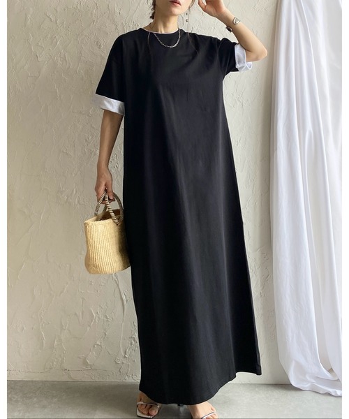 She's Closet(シーズクローゼット)の「半袖 バイカラー配色 袖ロールアップ ロング丈Tシャツワンピース(ワンピース・レディース・ブラック/ベージュ/オートミール・FREE)」の8枚目の写真