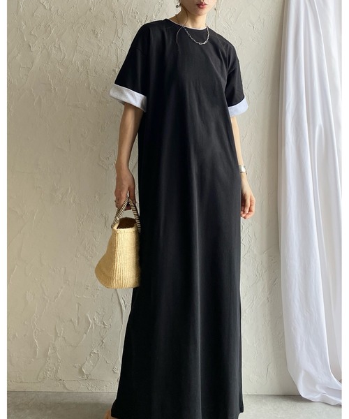She's Closet(シーズクローゼット)の「半袖 バイカラー配色 袖ロールアップ ロング丈Tシャツワンピース(ワンピース・レディース・ブラック/ベージュ/オートミール・FREE)」の7枚目の写真