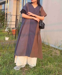 ☆ひんやり冷感 配色いろいろ半袖ロングワンピース