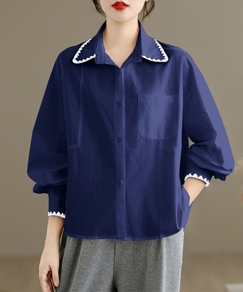 ONEP STAR（ワンピスター）の「スカラップ刺繍襟長袖シャツ（シャツ/ブラウス・レディース・イエロー/ネイビー/ホワイト・LARGE/X-LARGE/MEDIUM）」の2枚目の写真