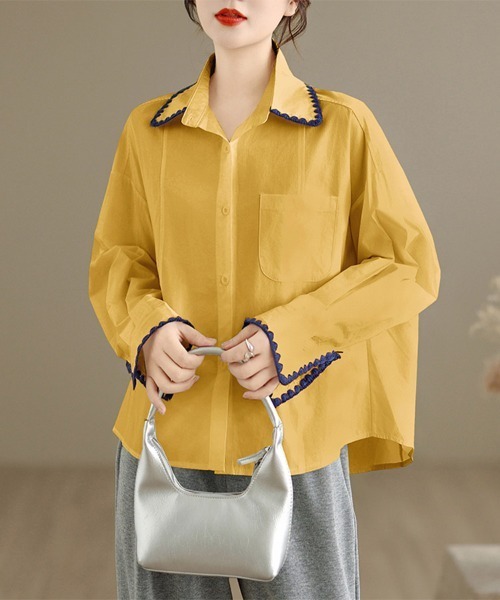 ONEP STAR（ワンピスター）の「スカラップ刺繍襟長袖シャツ（シャツ/ブラウス・レディース・イエロー/ネイビー/ホワイト・LARGE/X-LARGE/MEDIUM）」の3枚目の写真