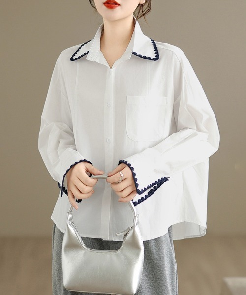 ONEP STAR（ワンピスター）の「スカラップ刺繍襟長袖シャツ（シャツ/ブラウス・レディース・イエロー/ネイビー/ホワイト・LARGE/X-LARGE/MEDIUM）」の5枚目の写真