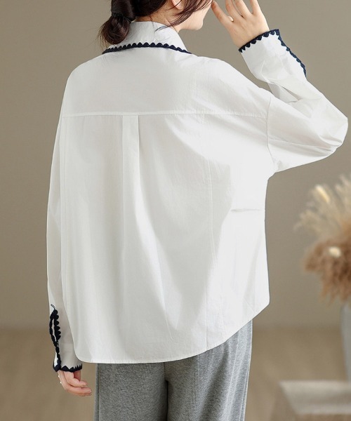 ONEP STAR（ワンピスター）の「スカラップ刺繍襟長袖シャツ（シャツ/ブラウス・レディース・イエロー/ネイビー/ホワイト・LARGE/X-LARGE/MEDIUM）」の7枚目の写真