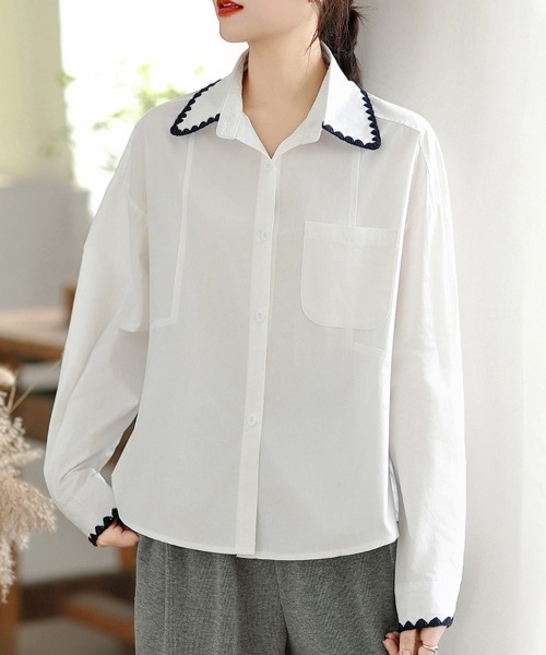 ONEP STAR（ワンピスター）の「スカラップ刺繍襟長袖シャツ（シャツ/ブラウス・レディース・イエロー/ネイビー/ホワイト・LARGE/X-LARGE/MEDIUM）」の8枚目の写真