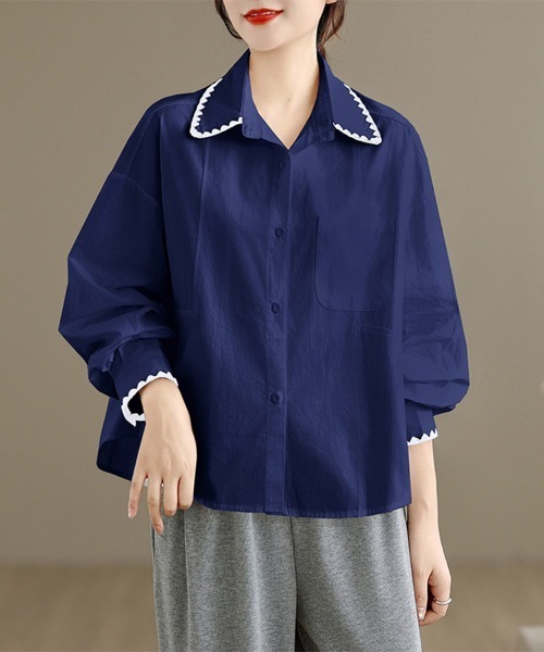 ONEP STAR（ワンピスター）の「スカラップ刺繍襟長袖シャツ（シャツ/ブラウス・レディース・イエロー/ネイビー/ホワイト・LARGE/X-LARGE/MEDIUM）」の13枚目の写真