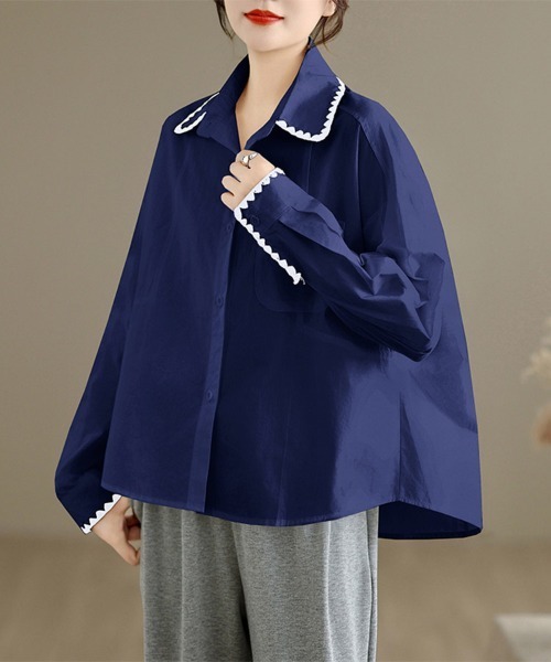 ONEP STAR（ワンピスター）の「スカラップ刺繍襟長袖シャツ（シャツ/ブラウス・レディース・イエロー/ネイビー/ホワイト・LARGE/X-LARGE/MEDIUM）」の14枚目の写真