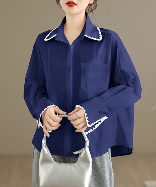 ONEP STAR（ワンピスター）の「スカラップ刺繍襟長袖シャツ（シャツ/ブラウス・レディース・イエロー/ネイビー/ホワイト・LARGE/X-LARGE/MEDIUM）」の15枚目の写真