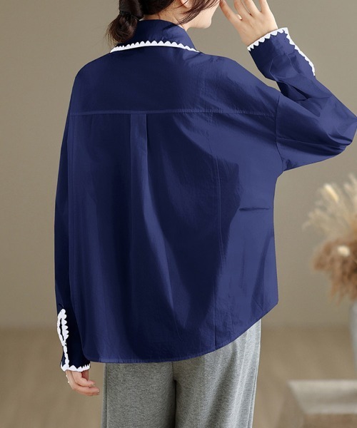 ONEP STAR（ワンピスター）の「スカラップ刺繍襟長袖シャツ（シャツ/ブラウス・レディース・イエロー/ネイビー/ホワイト・LARGE/X-LARGE/MEDIUM）」の16枚目の写真