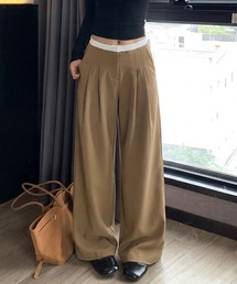 ウエスト配色タックスラックスパンツ レイヤード風 パンツ 配色 ワイドパンツ ツータック スラックス タックワイドパンツ タックワイドスラックス ハイウエスト きれいめ カジュアル