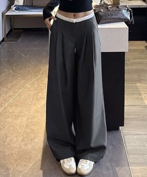 ウエスト配色タックスラックスパンツ レイヤード風 パンツ 配色 ワイドパンツ ツータック スラックス タックワイドパンツ タックワイドスラックス ハイウエスト きれいめ カジュアル