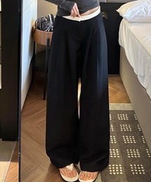 ウエスト配色タックスラックスパンツ レイヤード風 パンツ 配色 ワイドパンツ ツータック スラックス タックワイドパンツ タックワイドスラックス ハイウエスト きれいめ カジュアル