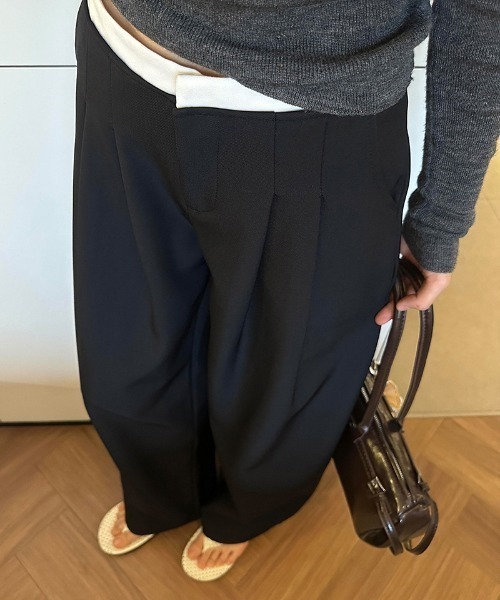COCOMOMO（ココモモ）の「ウエスト配色タックスラックスパンツ レイヤード風 パンツ 配色 ワイドパンツ ツータック スラックス タックワイドパンツ タックワイドスラックス ハイウエスト きれいめ カジュアル（スラックス・レディース・ブラウン/ブラック/ダークグレー・S/M/L）」の16枚目の写真