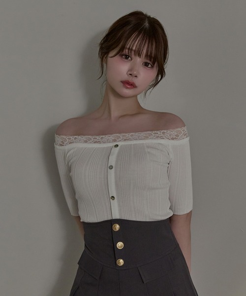 M DOLLY(エムドリー)の「Lace ilou rib tops / レースリルーリブトップス(Tシャツ/カットソー・レディース・ブラック/アイボリー・FREE)」の5枚目の写真