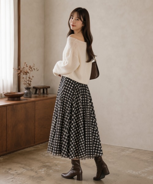 center i（センターアイ）の「ギンガムチェック ボリュームフレア ロングスカート（スカート・レディース・ブラウン/ブラック・FREE）」の5枚目の写真