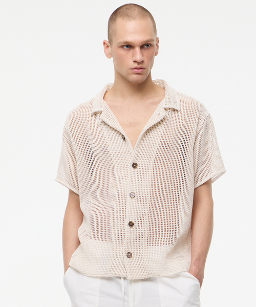 LEARVE(ルアブ)の「オープンメッシュクロシェニットシャツ(2col)(シャツ/ブラウス・メンズ・ブラック/アイボリー・LARGE/MEDIUM)」の2枚目の写真