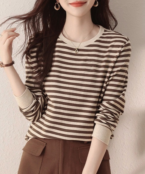 ReRe(リリ)の「ボーダー柄リブ切替長袖プルオーバー(Tシャツ/カットソー・レディース・ベージュ・MEDIUM/X-LARGE/LARGE)」の1枚目の写真