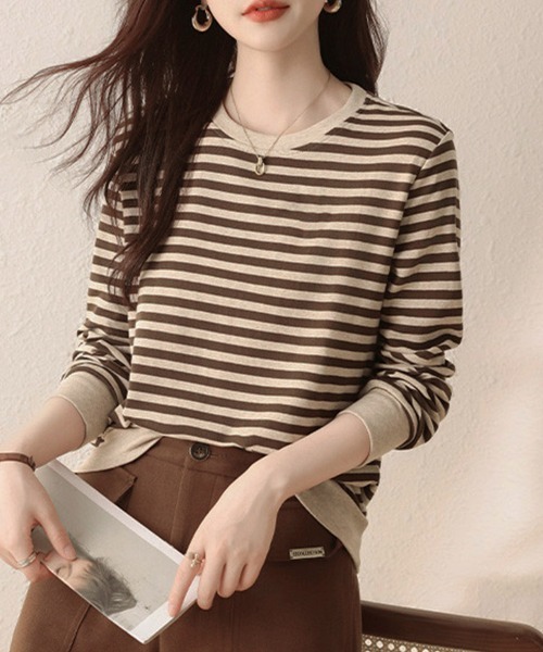 ReRe(リリ)の「ボーダー柄リブ切替長袖プルオーバー(Tシャツ/カットソー・レディース・ベージュ・MEDIUM/X-LARGE/LARGE)」の12枚目の写真