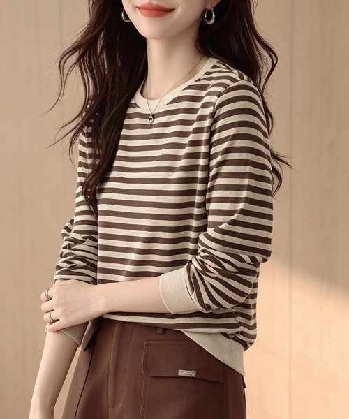 ReRe(リリ)の「ボーダー柄リブ切替長袖プルオーバー(Tシャツ/カットソー・レディース・ベージュ・MEDIUM/X-LARGE/LARGE)」の4枚目の写真