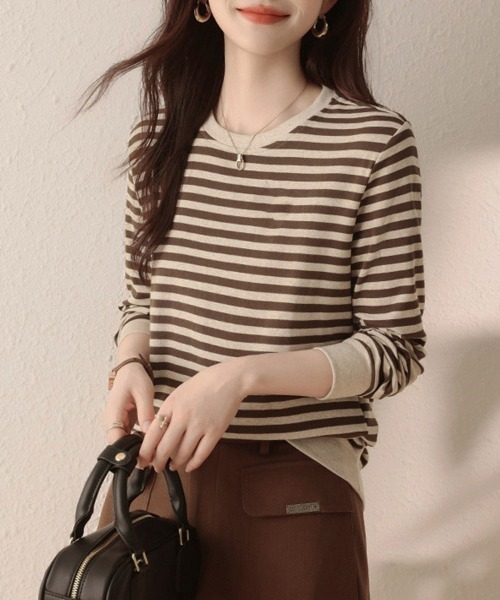 ReRe(リリ)の「ボーダー柄リブ切替長袖プルオーバー(Tシャツ/カットソー・レディース・ベージュ・MEDIUM/X-LARGE/LARGE)」の5枚目の写真