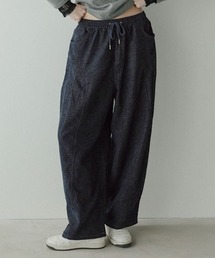 【リラックス感と上品さを両立した大人のベロアデニムパンツ】【pufe】ベロア デニム ワイドパンツ レディース ワイドパンツ カーブパンツ カーブデニム コクーン バレル デニム風 起毛 ロングパンツ ウエストゴム ドローストリング ドロスト ゆったり 体型カバー