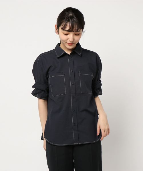 DISCOAT(ディスコート)の「リネン混配色ステッチビッグシャツ5分袖(シャツ/ブラウス・レディース・チャコールグレー/ベージュ/キャメル・FREE)」の14枚目の写真