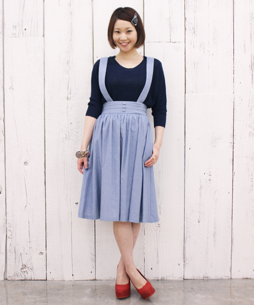 mystic（ミスティック）の「ピンタックサスペンダーギャザースカート（スカート・レディース・ブルー/ブラック/ネイビー・ﾌﾘ-）」の6枚目の写真