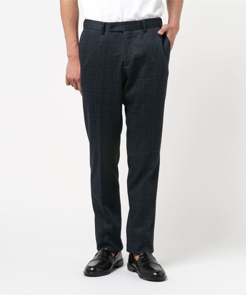 m.f.editorial(エムエフエディトリアル)の「エムエフエディトリアルメンズ/m.f.editorial:MEN アクティブニット ネイビーチェック柄 セットアップ ノータックビジネスパンツ(セットアップジャケットございます)(スーツパンツ)」|ネイビー