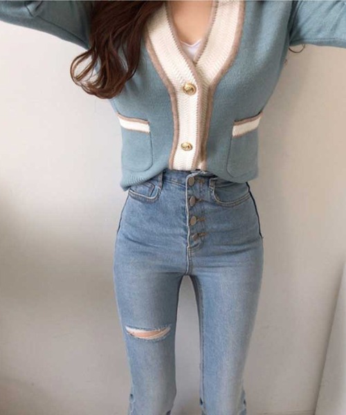 Jasmine Grandiflorum（ジャスミングランディフローラム）の「【Jasmine】バイカラーきれいめニットカーディガン（カーディガン/ボレロ・レディース・ブルー/ピンク/グリーン・FREE）」の4枚目の写真