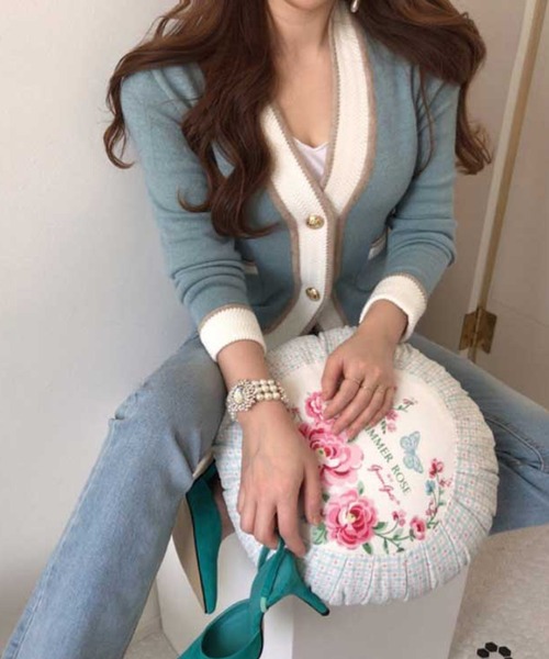 Jasmine Grandiflorum（ジャスミングランディフローラム）の「【Jasmine】バイカラーきれいめニットカーディガン（カーディガン/ボレロ・レディース・ブルー/ピンク/グリーン・FREE）」の7枚目の写真