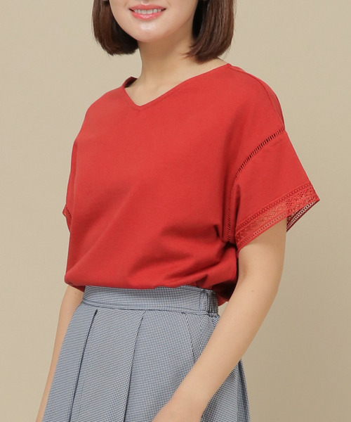 IKKA LOUNGE(イッカラウンジ)の「シルケット袖レースプルオーバー(Tシャツ/カットソー・レディース・ライトグレー/ブラック/レッド/オフホワイト・M/L)」の1枚目の写真