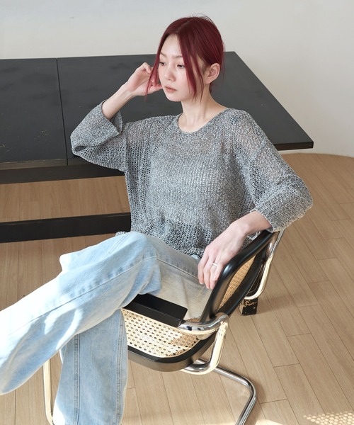 UNE MANSION（ユヌマンション）の「【大好評によりNEWカラー追加販売！】長袖メッシュシースルーセミクロップドサマーニット（ニット/セーター・レディース・スカイブルー/ブラック/ベージュ/ブラウン/グレー/アイボリー・FREE）」の7枚目の写真