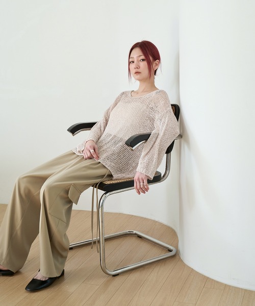 UNE MANSION（ユヌマンション）の「【大好評によりNEWカラー追加販売！】長袖メッシュシースルーセミクロップドサマーニット（ニット/セーター・レディース・スカイブルー/ブラック/ベージュ/ブラウン/グレー/アイボリー・FREE）」の10枚目の写真