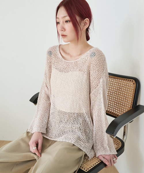 UNE MANSION（ユヌマンション）の「【大好評によりNEWカラー追加販売！】長袖メッシュシースルーセミクロップドサマーニット（ニット/セーター・レディース・スカイブルー/ブラック/ベージュ/ブラウン/グレー/アイボリー・FREE）」の12枚目の写真