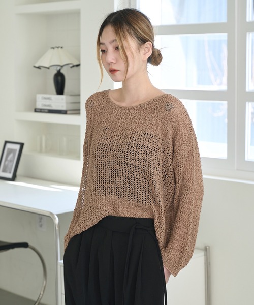 UNE MANSION（ユヌマンション）の「【大好評によりNEWカラー追加販売！】長袖メッシュシースルーセミクロップドサマーニット（ニット/セーター・レディース・スカイブルー/ブラック/ベージュ/ブラウン/グレー/アイボリー・FREE）」の18枚目の写真