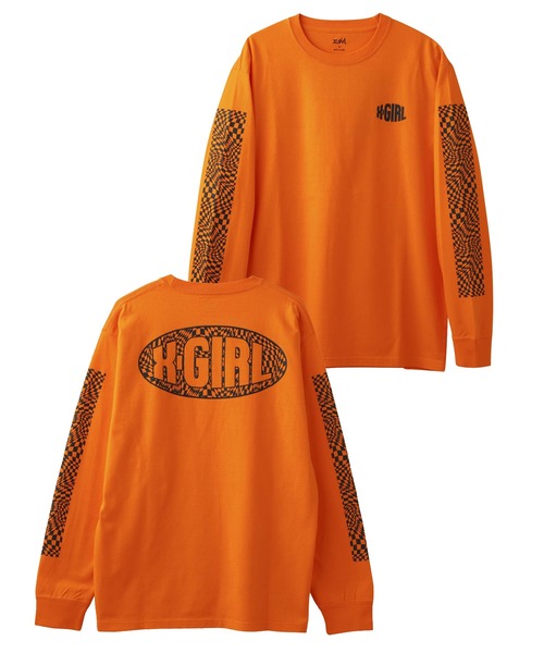 X-girl(エックスガール)の「CHECKERED SLEEVE PRINT L/S TEE(Tシャツ/カットソー・レディース・ブラック/オレンジ/ホワイト・L/M/S/XL)」の15枚目の写真